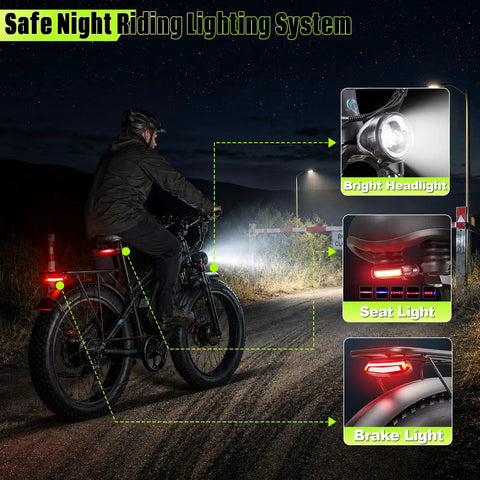 Huge 9000W Peak Dual Motor Electric Bike For Adults With Insane Speed Up To 47 Mph And Heavy Duty Build For Climbing Steep Slopes Like A Pro nighttime bike with bright headlight, seat light, and brake light