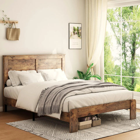Built Like A Tank Queen Bed Frame With Headboard And Footboard Featuring Solid Wood Slats And Reinforced Legs Giving You A Rock Solid Foundation For Deep Sleep Sessions In Rich Dark Brown, shown in a cozy bedroom.