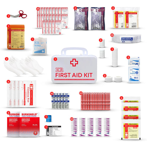 Front view of a white plastic wall-mount first aid kit case with red cross and FIRST AID KIT label.