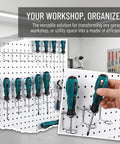 5 Piece Pegboard Screwdriver Holder Set With Double Ring Tool Organizers For Screwdrivers Pliers Wrenches And Hammers Wall Mount Hooks And Hangers For Easy Access Grab And Go Space Saving Garage Tool Storage displayed in use in a workshop setting.