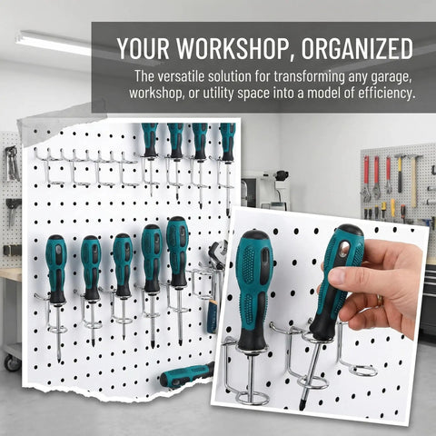 5 Piece Pegboard Screwdriver Holder Set With Double Ring Tool Organizers For Screwdrivers Pliers Wrenches And Hammers Wall Mount Hooks And Hangers For Easy Access Grab And Go Space Saving Garage Tool Storage displayed in use in a workshop setting.