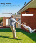 Man and child playing in garden under Solar Outdoor Security Camera Wireless Wire Free 1080p With Night Vision, mounted on house