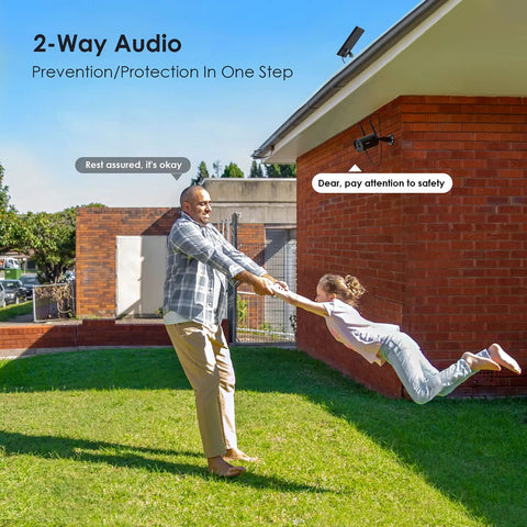 Man and child playing in garden under Solar Outdoor Security Camera Wireless Wire Free 1080p With Night Vision, mounted on house