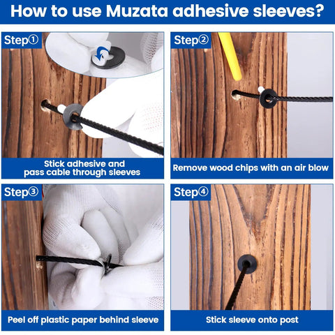 Step-by-step guide for using 40 Pack Black Adhesive Sleeves For Cable Railing on wood posts, showing application process.