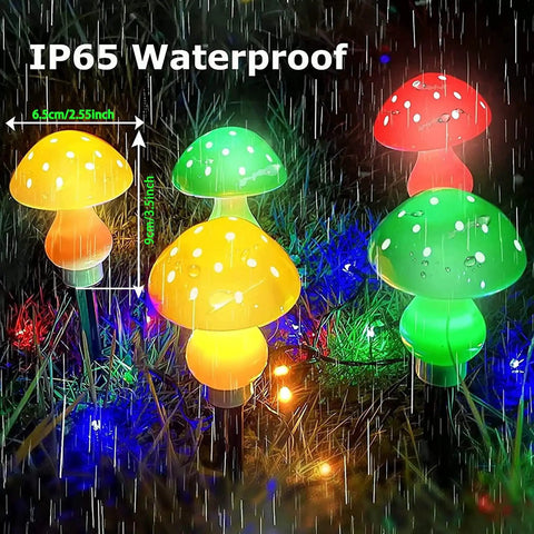 Dope Multicolor Solar Powered Mushroom Garden Lights with 50 LEDs, showcasing waterproof mushroom lights glowing in rain at night