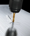 Durable 4241 Steel High Speed Twist Drill Bit Set with round shanks drilling into metal surface