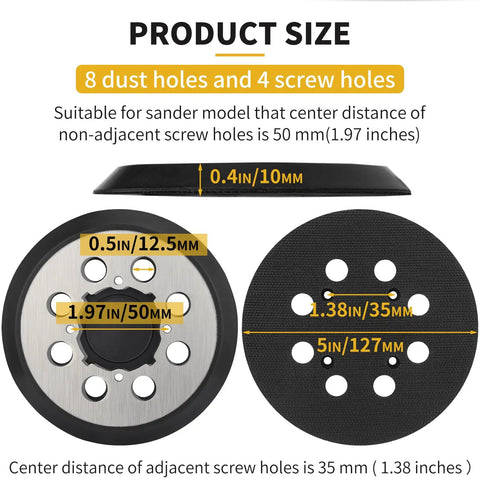 2 Pack 5 Inch 8 Hole Hook And Loop Orbital Sander Pad Replacement For DeWalt DWE6421 DWE6423 DCW210B, metal pad dimensions shown