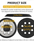 Diagram showing Five Inch Sander Pad Replacement With Eight Hole Hook And Loop For DeWalt Random Orbital Sanders dimensions and holes.
