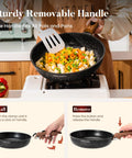 Person using 10-inch fry pan from Removable Handle Induction Pots And Pans Set 10 Piece Nonstick Cookware Black Granite