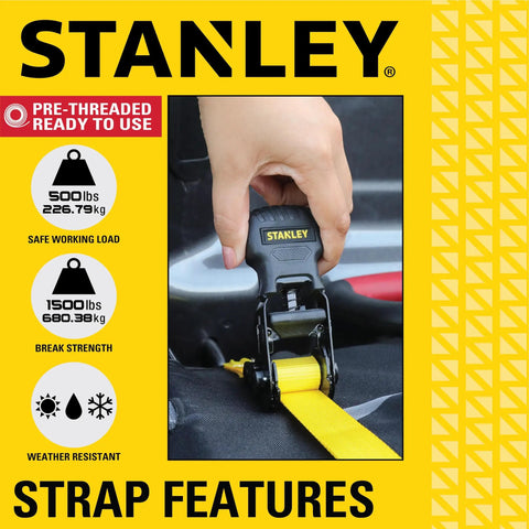 One Inch X Twelve Foot Ratchet Straps Four Pack Featuring Ergonomic Padded Grips And Heavy Duty Black Steel Clamps To Hold Things Lock Tight And Secure Gear With Zero Sweat, showing a hand using a ratchet strap.