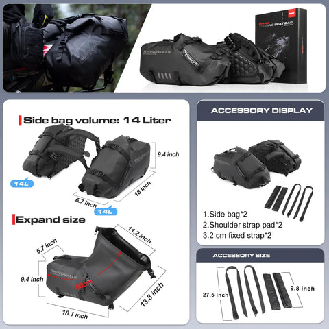 48L Waterproof Motorcycle Saddlebags Set For Adventure And Sport Rides, showing twin 24L side panniers, tarpaulin material, straps.