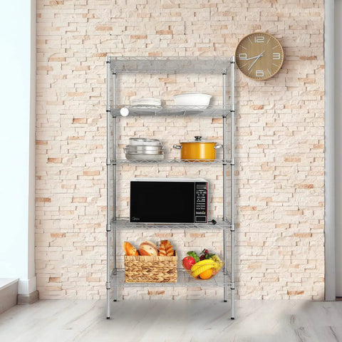 Heavy Duty Five Tier Wire Shelving Unit Kickass Storage Rack With Fully Adjustable Shelves For Kitchen Garage And Pantry Organization Keep Your Space Clean In Sleek Silver Gray 29 X 13 X 59 Inches, displaying kitchen items and microwave.