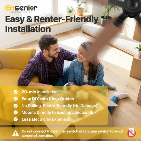 Couple sitting in living room under 52 Inch Ceiling Fan With Light And Remote, Whisper Quiet DC Motor, Black Modern Ceiling Fan.