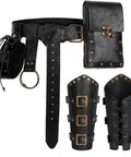 Badass Renaissance Belt Pouch Set With Detachable Corset Strap Soft Leather Bracers Vintage Coin Purse And Utility Hook Strap For Ren Faire Larp Gear That Legit Slaps At The Fair, featuring black leather bracers, belt, and pouch.