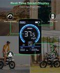 Real-Time Smart Display showing speed at 37.5 mph and battery level on Full Throttle Moped Style Electric Bike.