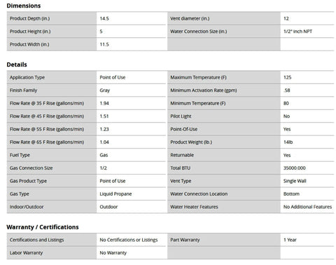 Specification table for Tankless AGL5 Propane Gas Water Heater Kit Portable 34000 BtuHr 5 Liter with dimensions, flow rate, and features.