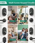 Slick Smart Deadbolt Lock With Keypad And Ai Fingerprint Scanner For Keyless Entry Door Featuring Bluetooth App Access displayed in various home settings.