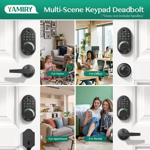 Slick Smart Deadbolt Lock With Keypad And Ai Fingerprint Scanner For Keyless Entry Door Featuring Bluetooth App Access displayed in various home settings.