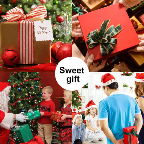Collage of Christmas gift exchanges with wrapped presents and people in Santa hats celebrating the holiday.