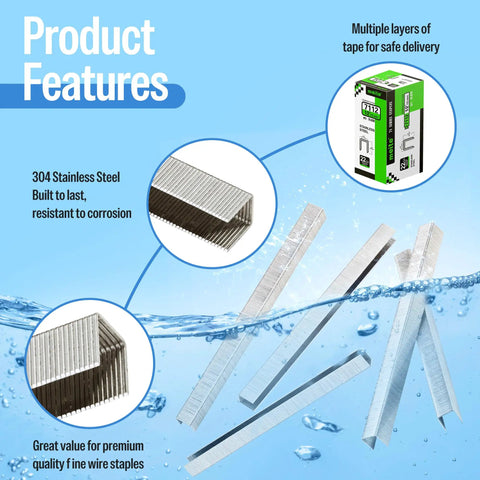Rock Solid 71/12 304 Stainless Steel Upholstery Staples 22 Gauge 3/8 Crown 1/2 Leg Built Like A Tank packaging and staples with water background.