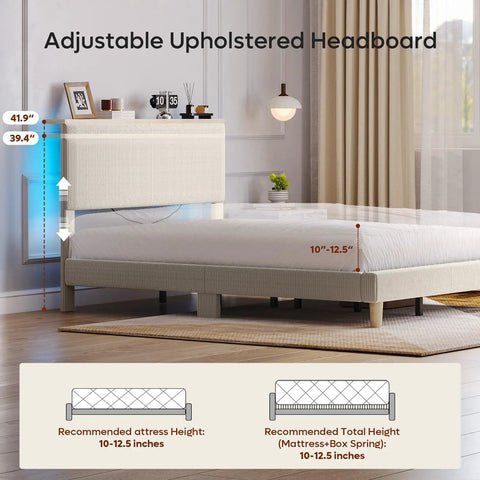 Ultimate Cozy Queen Size Bed Frame Crafted From Plush Beige Corduroy Upholstery With Hidden Storage Headboard ambient LED strip lights.