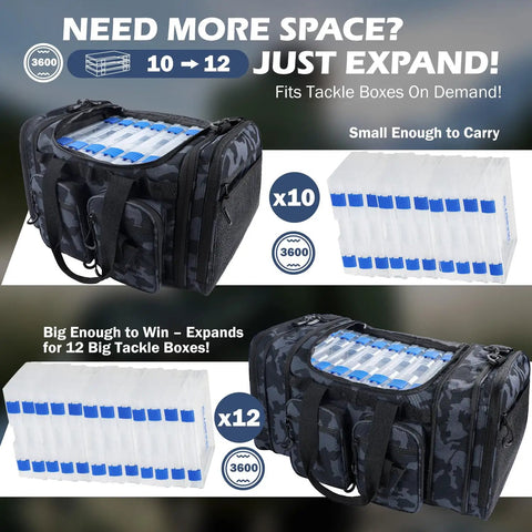 Expandable Fishing Tackle Bag With Zip Expandable Design showing expanded compartments for tackle boxes.
