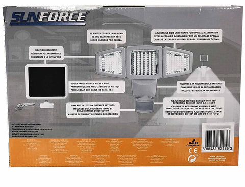 Triple Head Solar Motion Activated Security Light 180 LED Ultra Bright Flood Light 1500 Lumens box with product details