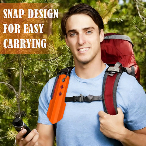 Hiker with backpack featuring 3 In 1 Ultralight Backpacking Trowel Shovel And Potty Tool in orange aluminum for easy carrying