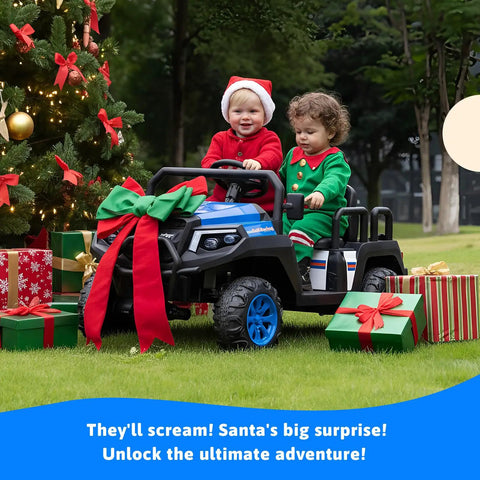 Kids in 24V 4 Seater Electric Ride On Car With Parent Remote near Christmas tree, 220 lbs capacity, blue, for ages 3-8