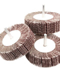 Three mounted flap wheels, Five Pack 3.15 By 1 By One Quarter Inch Shank Mounted Flap Wheel 80 Grit Aluminum Oxide for finishing.