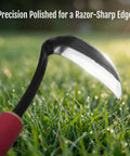 Rugged Weeding Sickle Tool With Sharp Blade, hand hoe and weed puller, comfort soft sleeve handle shown in grass with sharp edge reflection.