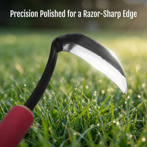 Rugged Weeding Sickle Tool With Sharp Blade, hand hoe and weed puller, comfort soft sleeve handle shown in grass with sharp edge reflection.