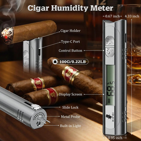 Digital Cigar Hygrometer With LCD Display, Portable Humidity Meter For Humidors, Dual Sensor Probes For Inside Cigars, Gray