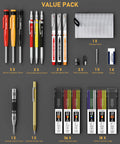 Heavy Duty Carpenter Pencil Set With Rugged Mechanical Leads And Premium 2B Graphite Refills For Woodworkers And Diy Builders Craving Top Shelf Layout Gear And Build Site Ready Marking Kit with various pencils, markers, and tools.