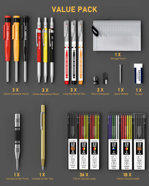 Heavy Duty Carpenter Pencil Set With Rugged Mechanical Leads And Premium 2B Graphite Refills For Woodworkers And Diy Builders Craving Top Shelf Layout Gear And Build Site Ready Marking Kit with various pencils, markers, and tools.