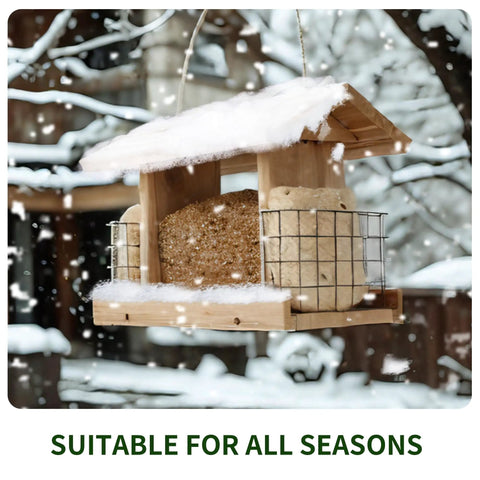 US Cedar Outdoor Bird Feeder With Hanging Design Handcrafted Wood Double Suet Cage Clear View Windows Squirrel Proof Wild Bird Feeder For Cardinals Finches Chickadees with snow, hanging outdoors