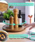 10 Inch Acacia Wood Lazy Susan Turntable Organizer For Cabinet Round Serving Tray Decorative Vintage Centerpiece Candle Holder Tray Your Go To Farmhouse Style Kitchen Countertop And Coffee Table Decor shown on kitchen counter with spices.