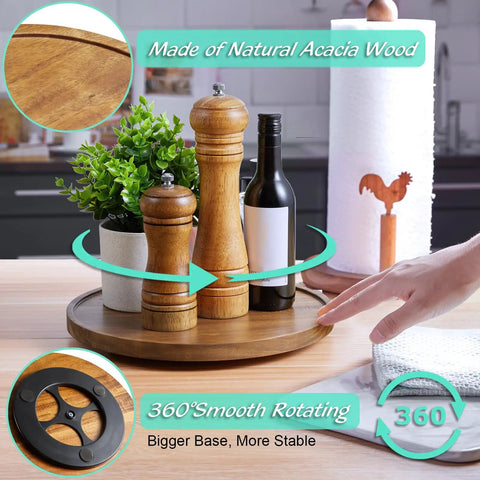 10 Inch Acacia Wood Lazy Susan Turntable Organizer For Cabinet Round Serving Tray Decorative Vintage Centerpiece Candle Holder Tray Your Go To Farmhouse Style Kitchen Countertop And Coffee Table Decor shown on kitchen counter with spices.
