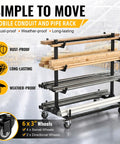 Heavy Duty Mobile Conduit And Lumber Storage Rack Rock Solid Build With Six Swivel Caster Wheels Smooth Sailing Alloy Steel Pipe Organizer For Daily Grind with wood and pipes in a workshop.