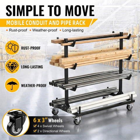 Heavy Duty Mobile Conduit And Lumber Storage Rack Rock Solid Build With Six Swivel Caster Wheels Smooth Sailing Alloy Steel Pipe Organizer For Daily Grind with wood and pipes in a workshop.