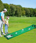 Man and child practicing on Portable Indoor And Outdoor Golf Putting Mat With 3 Balls in backyard.