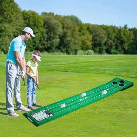Man and child practicing on Portable Indoor And Outdoor Golf Putting Mat With 3 Balls in backyard.