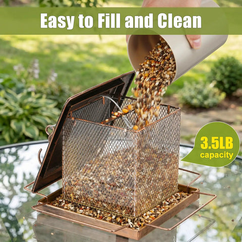 Built Tough Outdoor Hanging Bird Feeder With Waterproof Metal Build, Large 3.5Lb Capacity, copper detail, easy fill