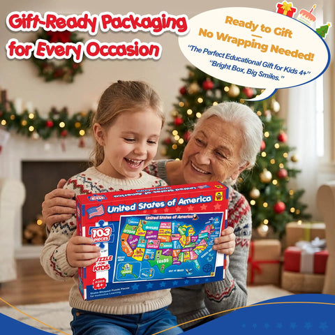 Child holding Map Puzzle For Kids Ages 4 To 8 With 50 State Shaped Pieces 103 Piece USA Map Floor Puzzle, gift-ready package