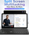 Android 16 Tablet 10.1 Inch 2 In 1 Bundle with split screen multitasking, showing video call and notes, with keyboard attached.