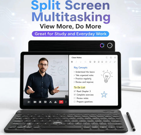 Android 16 Tablet 10.1 Inch 2 In 1 Bundle with split screen multitasking, showing video call and notes, with keyboard attached.