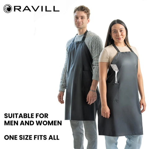 Two models wearing Black Waterproof Apron With Two Pockets 35 Inch Heavy Duty Plastic Dishwashing And All Purpose Work Apron