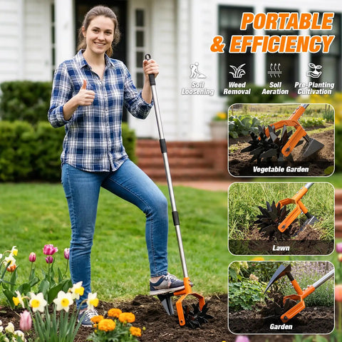 Person using 2 In 1 Garden Cultivator And Weeder with Upgraded Triangle Hoe and Adjustable Long Handle for lawn care.