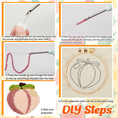 DIY steps for 8 Piece Fruit Punch Punch Needle Coaster Kit For Adults Beginners DIY Embroidery Set With Yarns Hoops And Tools