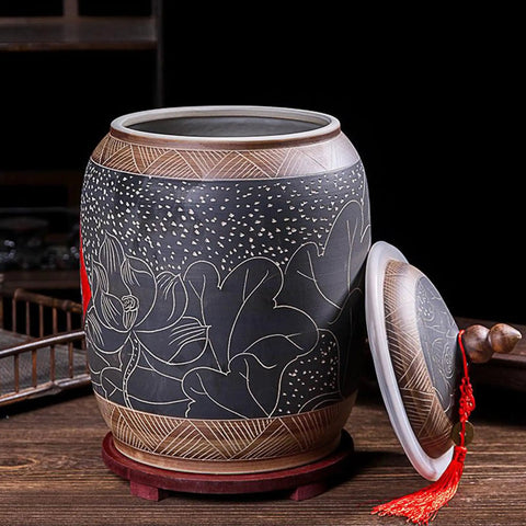 Premium Ceramic Rice Storage Container With Wooden Base Airtight Kitchen Canister For Flour And Grains Artful Chinese Design, decorative jar with lid and wooden stand.